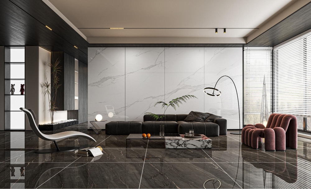  salon élégant avec du carrelage noir