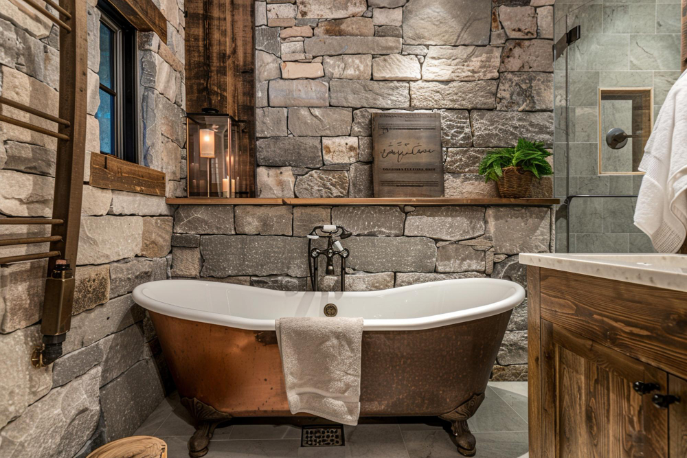 Salle de bain bois et pierre 